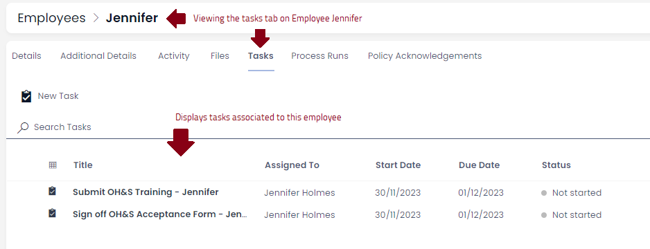 Data table on tasks list page, show in a tab against an employee displaying that employees tasks